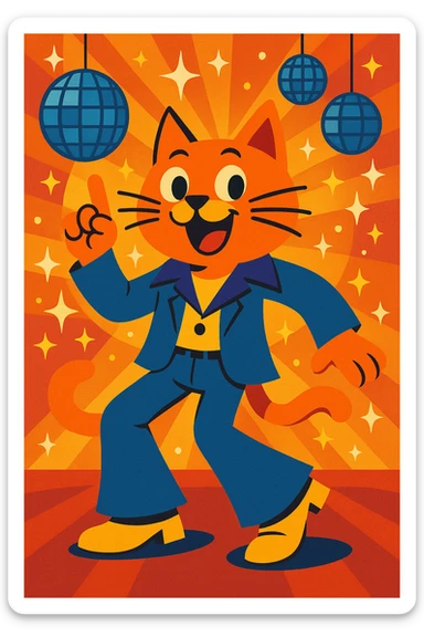 disco cat, 70s style, bell-bottom pants, disco ball background sticker