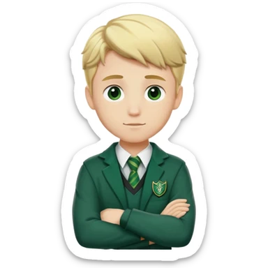 Blonde male student wearing Slytherin uniform with arms crossed sticker