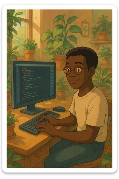 A black man coding on a desktop computer, Ghibli style, whimsical environment, natural light, friendly expression. sticker