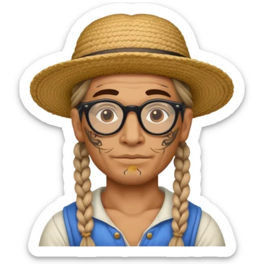 very tattoed face, normal glassess, fat venice gondolier with iconic hat and thick braided hair sticker