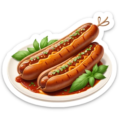 Cinematic spicy chipotle sausage, glistening with smoky, tangy sauce, charred and grilled to perfection, sliced open to reveal juicy filling, served with fresh herbs, rich and flavorful, detailed and appetizing. sticker