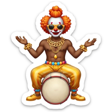 Clown with big golden chain on the neck wearing sunglasses plays drums full height sticker