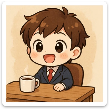 chibi character at a desk with a coffee mug, cheerful expression, chibi style sticker