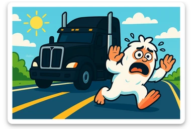 Move the black semi truck behind the small, scared abominable snowman while keeping the highway, distant view, and 45-degree angle of the semi intact. Maintain the overall composition and perspective as in the original image. sticker
