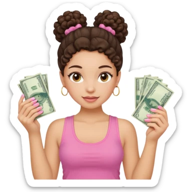 Uma menina com o cabelo cacheado com um Coque com baby hair morena, e com uma regata rosa com unha em gel,e com dinheiro na mão , sticker