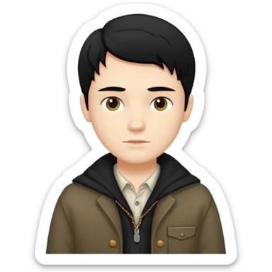 A white boy with black hair, wearing old clothes and a beautiful style sticker