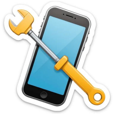 Minimalistic flat vector icon, iOS style, thin black contour on white background. Smartphone with a wrench and screwdriver crossing it. Clean, no text, no shadows sticker