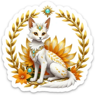 Epic complex fantasy glorious detailed futuristic divine godly angelic feathery sunny, white, albino, pastel, golden, orange glowing sparkly, realistic Fakémon-Sprigatito-Floragato-Meowscarada-Trico-Sergal-Serval-Solgaleo-Vernid-creature (full body) solarpunk, shiny sparkly with gold wreaths sticker