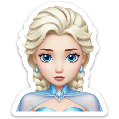 Cinematic Realistic Elsa Portrait, depicted with lifelike skin texture, soft natural lighting, and intricately detailed platinum blonde hair styled elegantly. Her striking, expressive blue eyes exude confidence and grace, complemented by a serene and regal expression. She is dressed in her signature icy attire, with shimmering fabric textures and delicate folds that catch the light beautifully. The portrait features a soft, enchanting glow with a cool, radiant finish, capturing the essence of timeless elegance in a realistic and painterly style, evoking a sense of depth and authenticity. sticker