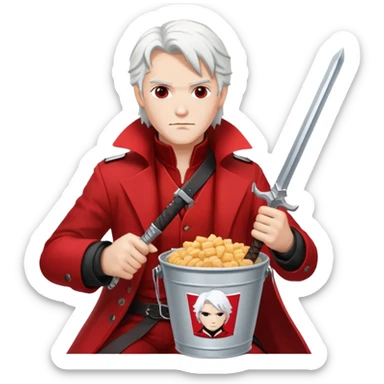 Dante from Devil May Cry sitting in a KFC bucket, red coat, white hair, rebellion sword sticker