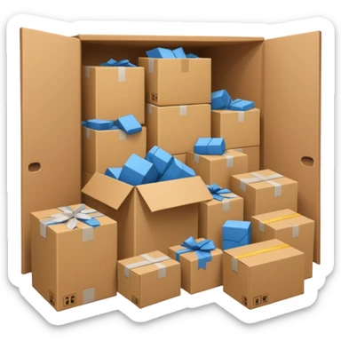 Generate a realistic emoji-style of a overfilled storage room where the packages are falling over sticker