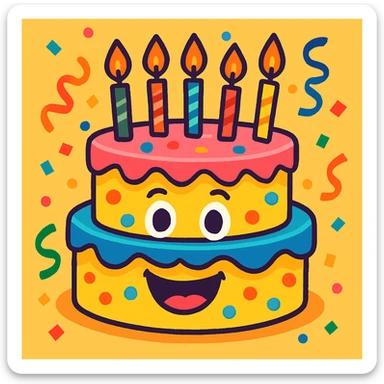 animated birthday cake, vibrant and festive, candles, confetti, cartoon style sticker