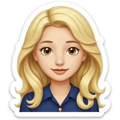 female with long wavy blonde hair, brown eyes, small gold nose stud, black eyeliner, navy blue blouse, emoji style, winking sticker