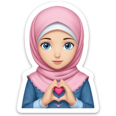 Turkish beautiful finish Konya girl blue eyes with denim pink hijab islamic dress and making heart with hands  sticker