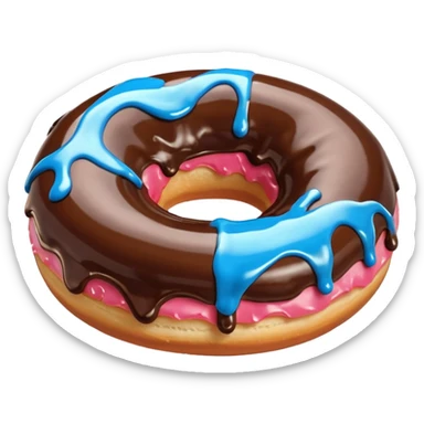 A doughnut with chocolate icing, blue colored drizzle across the top of the donut. sticker