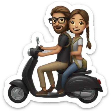 boy with long hair tied in a bun, beard, and glasses, riding a black scooter with a girl on the back sticker