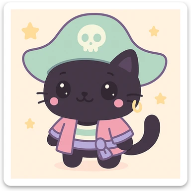 Male pirate cat in kawaii style with an oversized green hat, cute face, black fur, and a gold earring. sticker