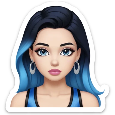 Top-half-body-Sultry-very-beautiful-face-light-pink-lips-long-straight-dark-blue-ombre-hair-and-blue-eyes-thick-black-eyeliner-really-thick-long-eye-lashes-sky-blue-superman-tank-top-with-glitter-and-silver-hoop-earrings sticker