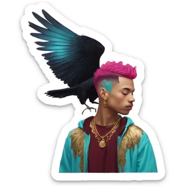 Vintage painting swirls gold jewellery baroque raven wings angel tropical Deep pink maroon burgundy cyan dark hoodie man vitiligo dyed hair gold piercings nose piercing ear piercings sticker