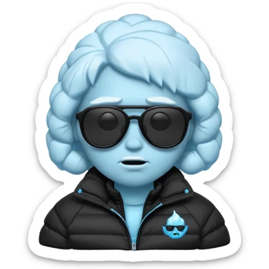 frozen ice face emoji wearing puffer jacket and cool blacked out shades, rap style underground aesthetic sticker