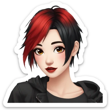 Gorgeous anime style lady with blushing face aesthetic and pretty edgy black red punk hair with hair garment trending style sticker