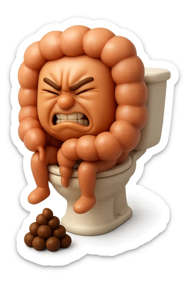 EMOJI STILE IPHONE 3D DI UN INTESTINO CHE sta seduto sul wc e davanti ha una montagnetta di feci a palline stile emoji iphone, fallo senza naso e FAGLI UN ESPRESSIONE di dolore mentre si sforza E FALLO MOLTO REALISTICO IN 3D sticker
