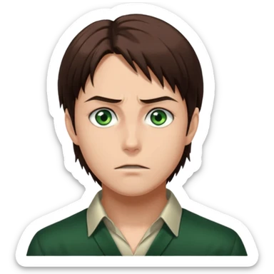 “Create an avatar that looks like Eren Yeager from Attack on Titan, Season 4 — sharp jawline, tied-back long brown hair, intense green eyes. No expression.  sticker