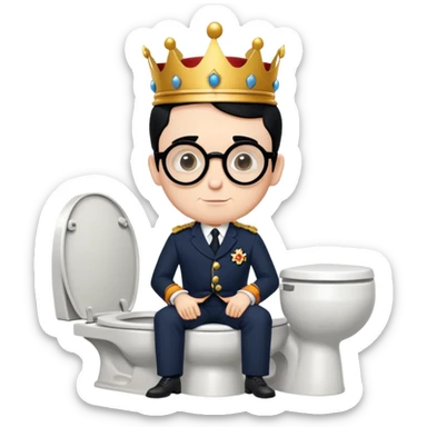 King Charles III with royal crown sitting on a toilet, wearing round glasses and black hair sticker