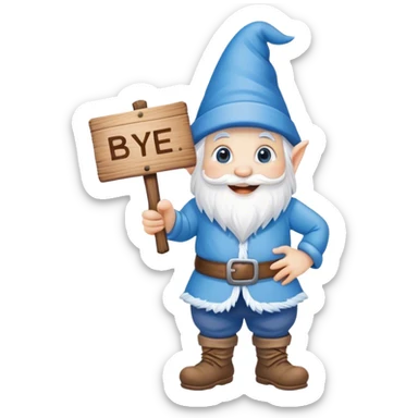 cute blue gnome with sign saying bye! sticker