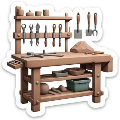 Cinematic Realistic image of a workbench set with a lump of pliable clay and artisanal sculpting tools, rendered with finely detailed textures that reveal subtle clay particles and well-worn tool surfaces, bathed in warm, focused studio lighting sticker