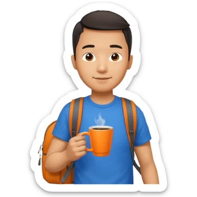 an asian man in blue t-shirt with orange cup of coffee and backpack on the back. Eiffel tower on the background. shoulder length picture sticker