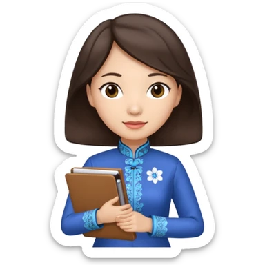 Teacher emoji but : wavy dark brown hair, light skin, no glasses, dark eyes, with a computer folder in the hand, being a teacher, wearing a chinese qipao (brown & blue) 

 sticker