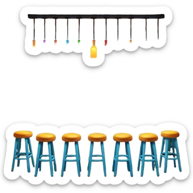 A 3D cartoon bar interior with a counter, glowing shelves of colorful bottles, tall stools, and hanging lights, warm ambient lighting, realistic reflections, Memoji-style.Frame sticker