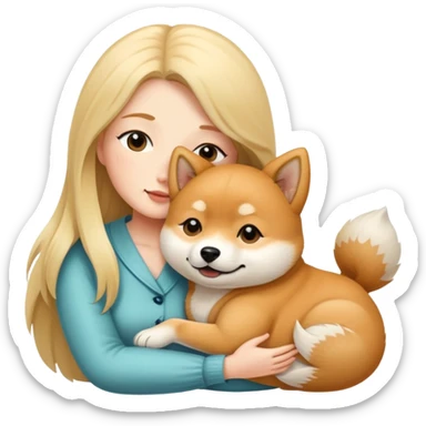 A long-haired white woman hugs a Shiba Lnu dog sticker