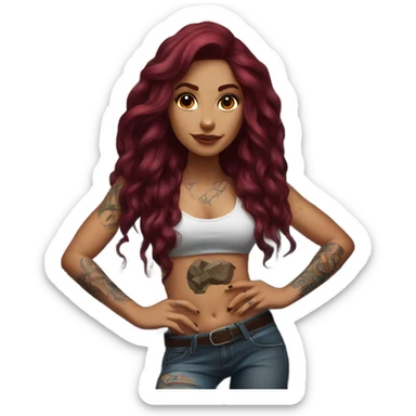Beautiful tattooed woman long burgundy hair climbing rocks sticker