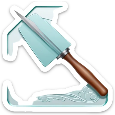 Glass carving icon, piece of glass being etched with carving tools, fine lines and patterns on the glass surface, glass cutter, minimalistic style, clean lines, transparent background. sticker