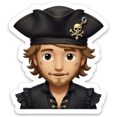 A kindhearted pirate in a black ruffled shirt, black waistcoat, and an ornate black hat, his friendly gaze welcoming sticker