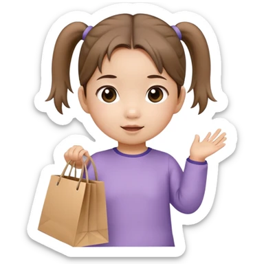 Asian toddler girl in 2 pony tails holding one shopping bag sticker