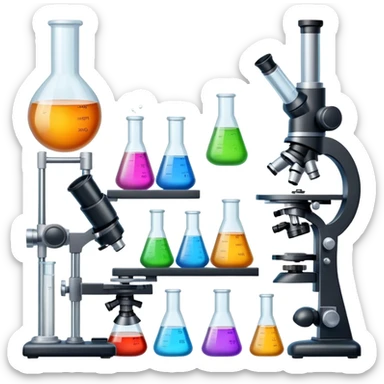 laboratory equipment set with beakers, test tubes, and microscope sticker