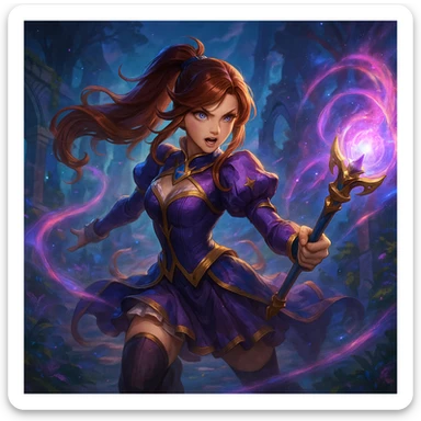Guinevere from MLBB, mid-battle, glowing staff, fantasy background, confident look sticker