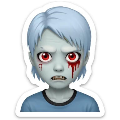 Create a 3D emoji-style avatar with very pale blue-grey zombie skin like the reference image, a young Asian face, and large eyes with blood tears. Give it white mullet-style hair, silver hoop earrings, and a simple black T-shirt. The expression should be slightly angry and has vampire teeth sticker