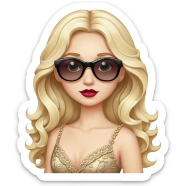 a pale blonde girl with elaborate makeup and dress, long wavy hair, wearing sunglasses, confident sticker