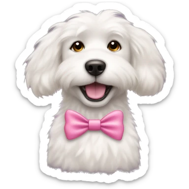 A fluffy white dog wearing a pink   Bow  sticker