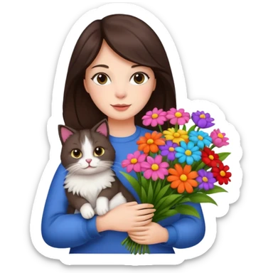 brunette woman holding bouqet and cat sticker