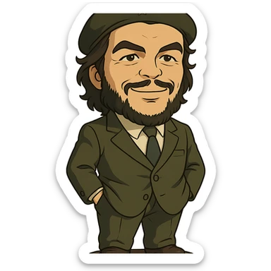 statuette of Che Guevara in a suit and tie, big head, confident smile, ghibli style sticker