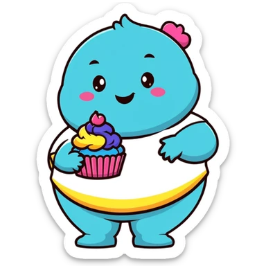 Extremely obese African American cartoon character with a very round face, smiling happily while holding colorful cupcakes sticker