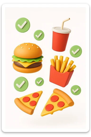 fast food fluttua in aria insieme a spunte di verificato in 3d, sfondo bianco sticker