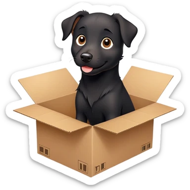  A very cute  young happy black dog with one's head tilted to one side poked its paws out of the cardboard big box and placed them on top of it sticker