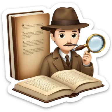 Icon for Detective Reading: an open book with text and a magnifying glass, a detective’s hat and a notebook with clues, surrounded by dark shadows and mysterious elements like footprints and a smoking pipe. Transparent background. sticker