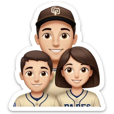 White Smiling couple. Girl has big cheeks and a lot of freckles on the nose. Medium long brown hair. The boy has black and very short hair and prominent eyebrows with egipcian nose. Both are wearing “Los Padres” baseball jerseys and with a sign that says “Go Padres” sticker